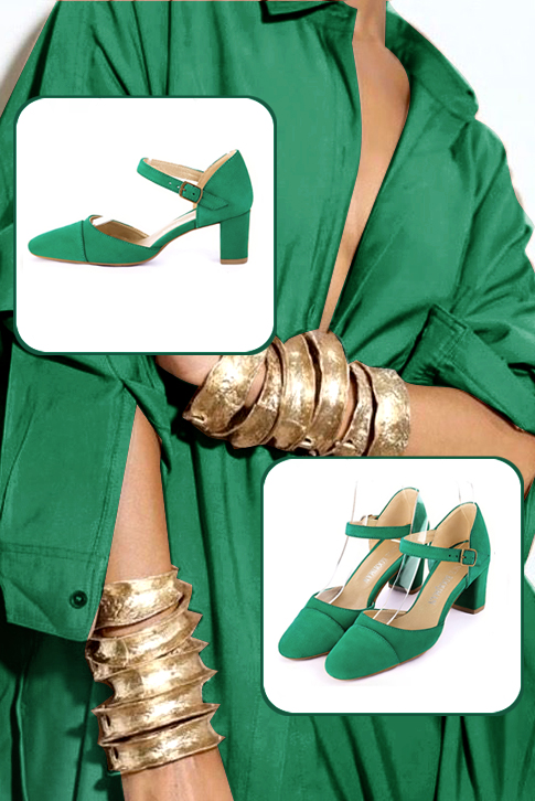 Women's emerald green elegant closed-back heels, with an instep strap. Round toe. Medium block heels - Worn view